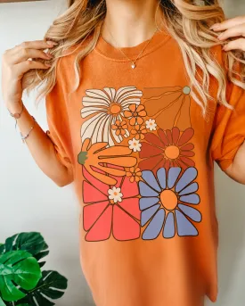 Always Free Shipping! Trendy Comfort Colors® Retro, Groovy, Flowers T-shirt, Spring or Summer Green, Pepper, Crimson, Yam, Mustard or White T-Shirt