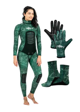 Adreno Womens Abrolhos 3.5mm Two Piece Wetsuit, Diving Gloves, Diving Socks - Combo