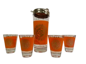 Jeannette Glass Aztec Orange & 22-Karat Gold Sunburst Shaker and Glasses (Set of 6)