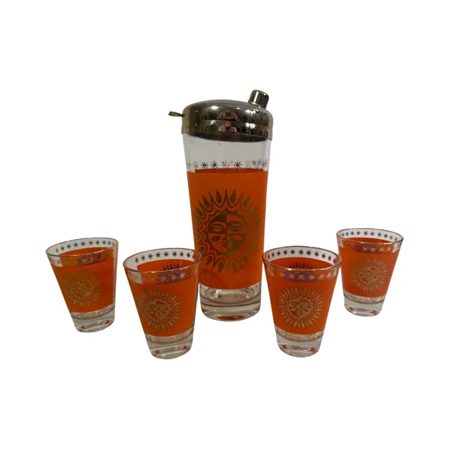 Jeannette Glass Aztec Orange & 22-Karat Gold Sunburst Shaker and Glasses (Set of 6)