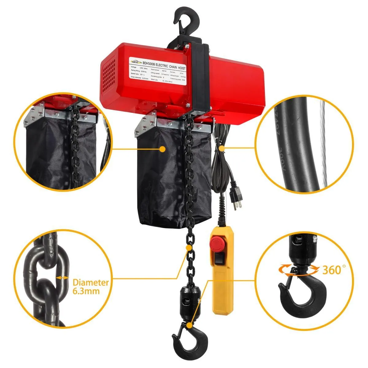 Partsam 1100lbs Lift Electric Chain Hoist Single Phase Overhead Crane Garage Ceiling Pulley Winch Hook Mount G80 Chain w Pendant Control and Towing Strap Sling (1/2T 110V), 10ft Lift Height, 2 Hooks