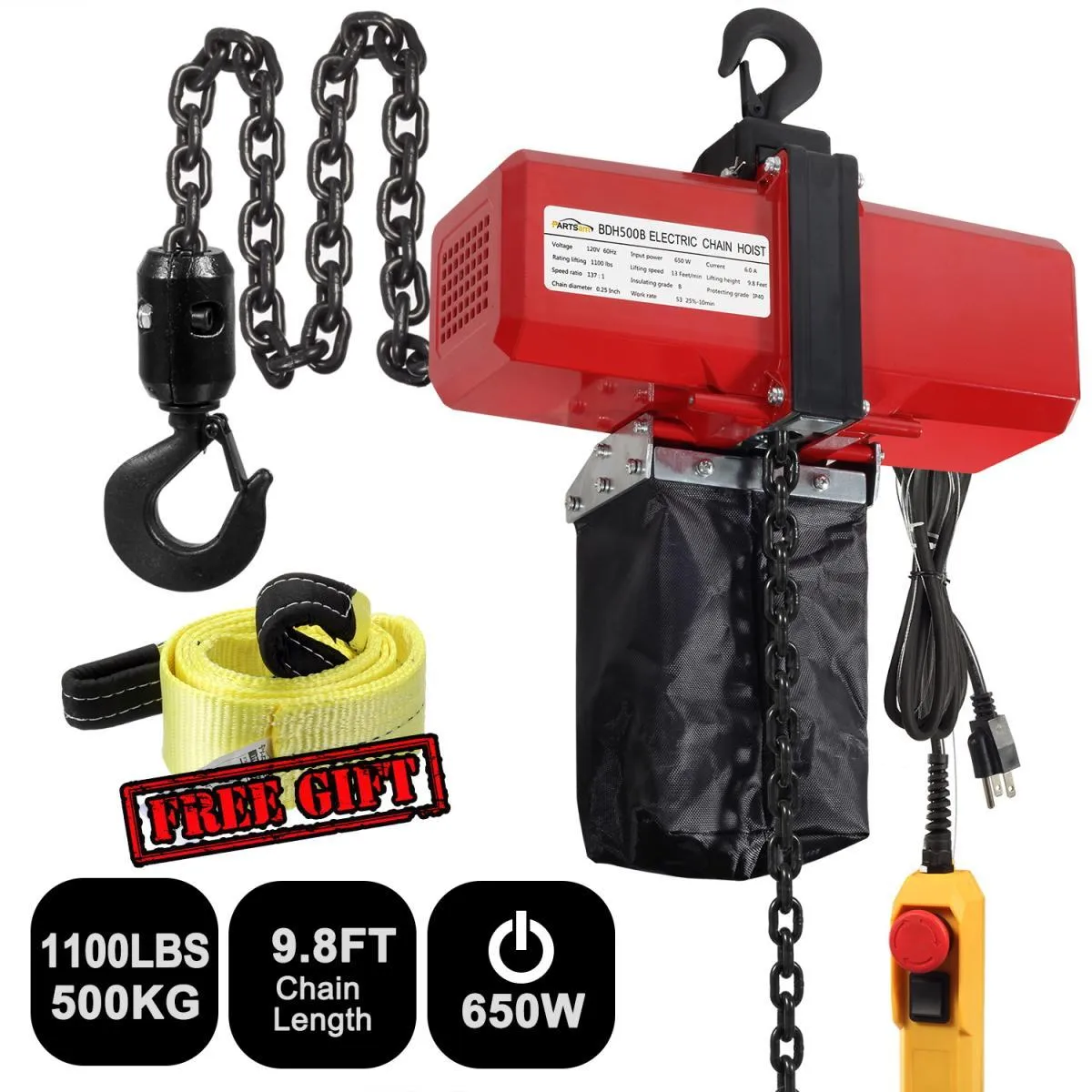 Partsam 1100lbs Lift Electric Chain Hoist Single Phase Overhead Crane Garage Ceiling Pulley Winch Hook Mount G80 Chain w Pendant Control and Towing Strap Sling (1/2T 110V), 10ft Lift Height, 2 Hooks